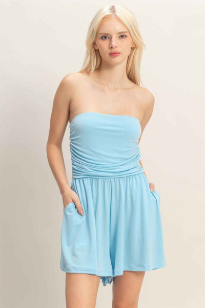 Strapless Shirred Waist Romper - Hidden Pocket Shorts