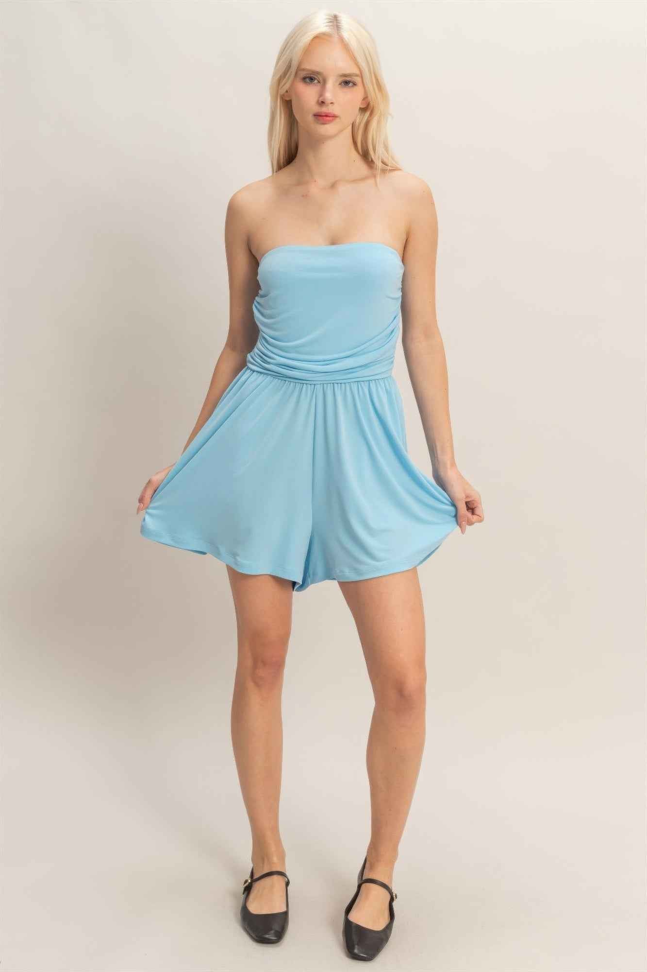 Strapless Shirred Waist Romper - Hidden Pocket Shorts