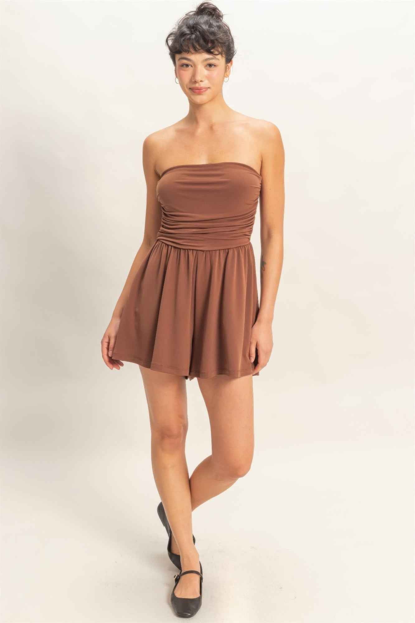 Strapless Shirred Waist Romper - Hidden Pocket Shorts