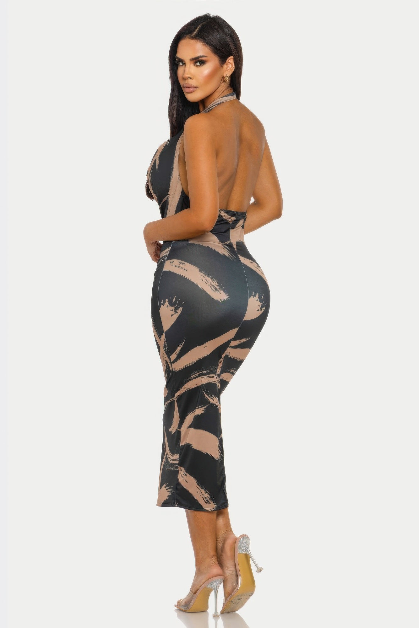 Black Halter Midi Dress - Open Back Cowl Brushstroke Print