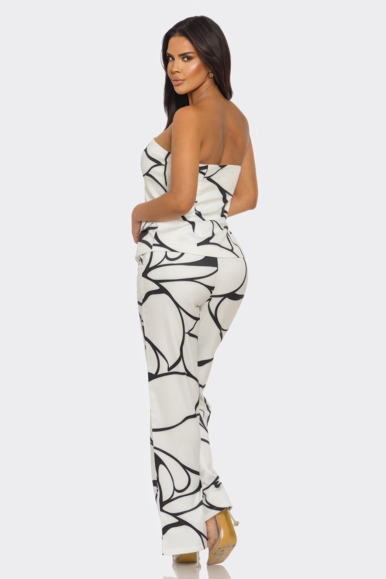 Off White Peplum Strapless Set - Abstract Print Wide Leg