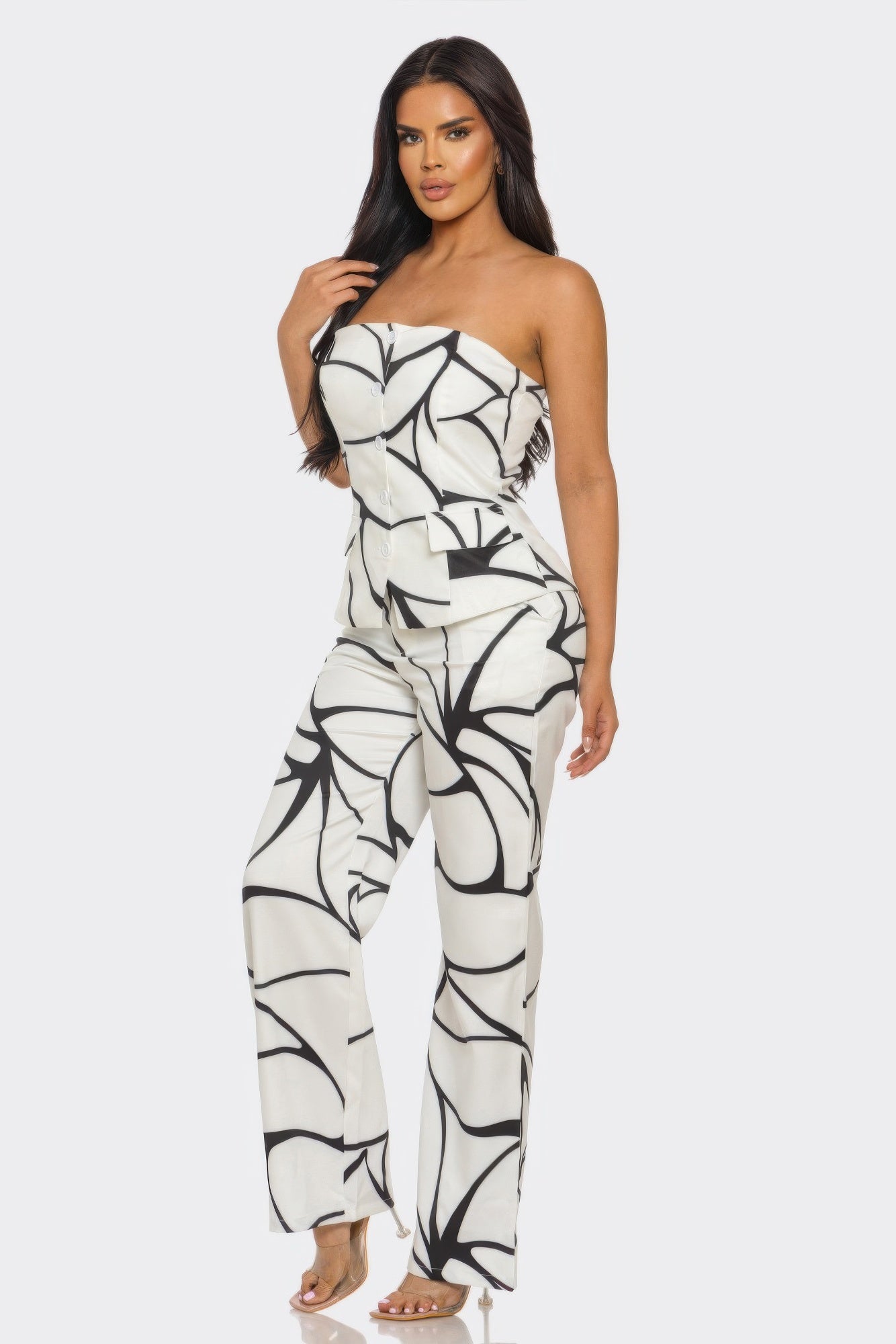 Off White Peplum Strapless Set - Abstract Print Wide Leg