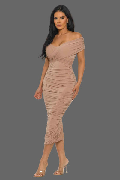 Off Shoulder Draped Midi Dress - Double Layer Body Sculpting