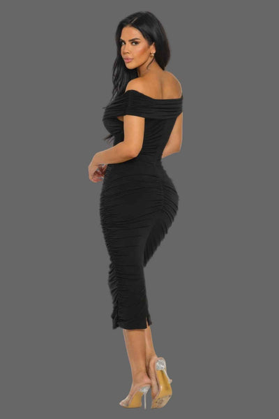 Off Shoulder Draped Midi Dress - Double Layer Body Sculpting