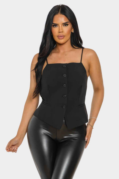 Square Neck Corset Top - Button Up Spaghetti Strap Fitted