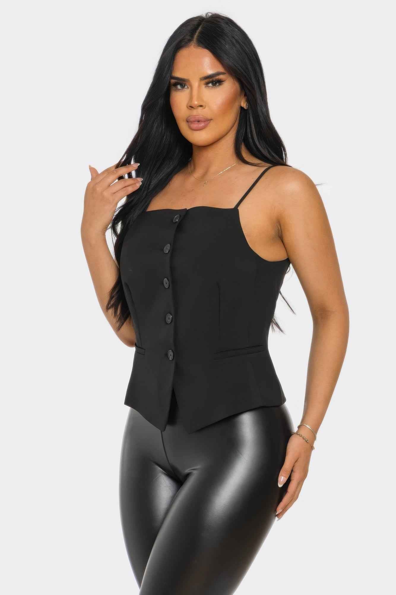 Square Neck Corset Top - Button Up Spaghetti Strap Fitted