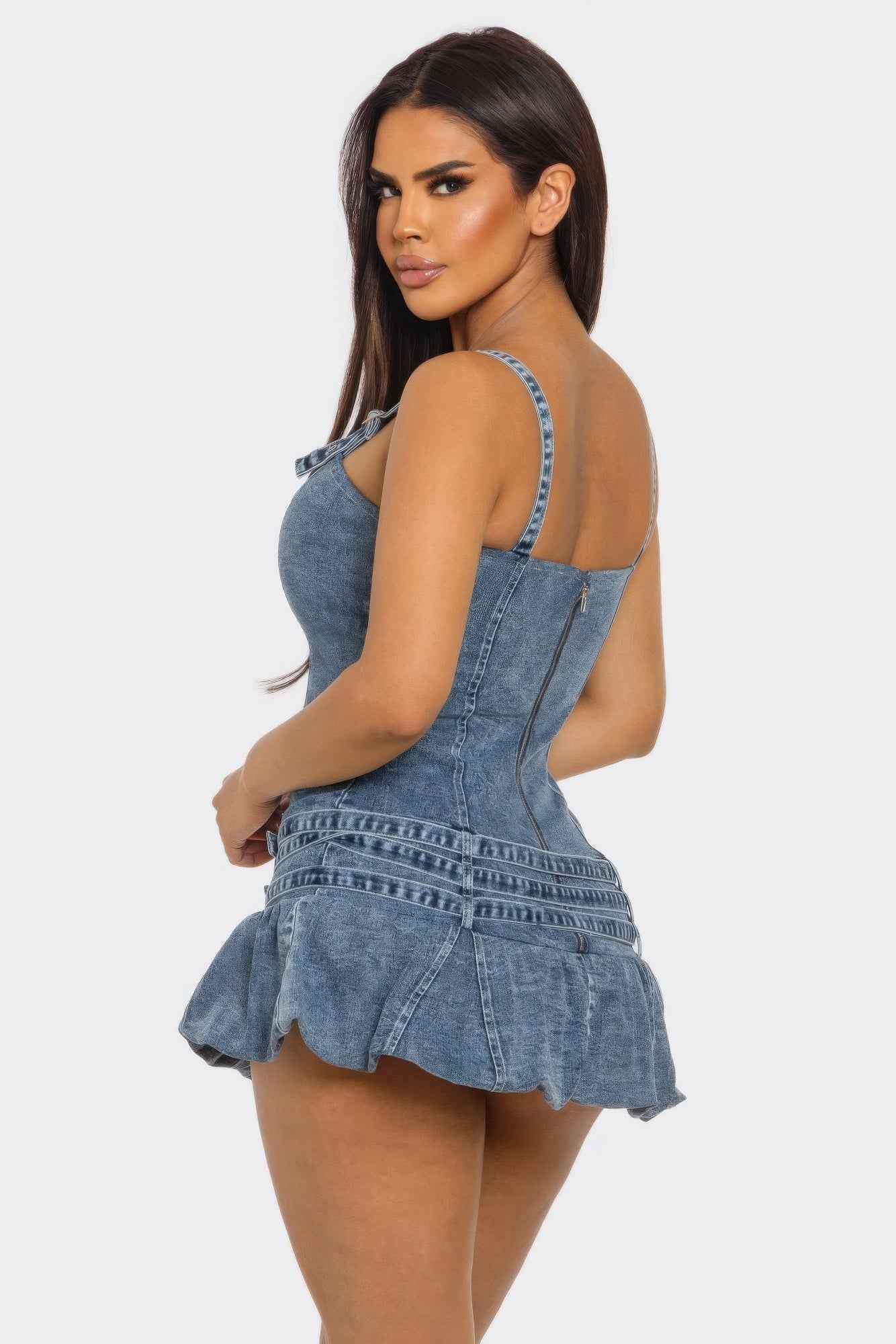 Denim Romper Dress - Ruffle Overlay Belted Mini Skirt