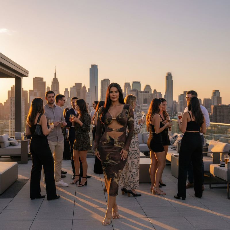 Woman wearing a camouflage dress with cut-out design on a white background