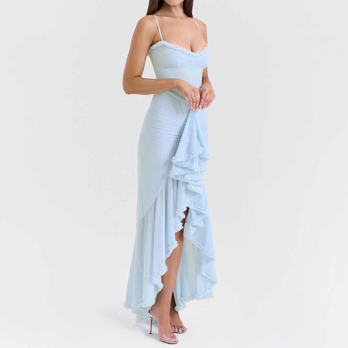 Spaghetti Strap Mesh Maxi Dress - Layered Irregular Hem