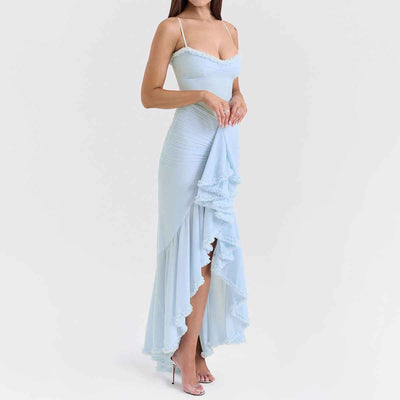 Spaghetti Strap Mesh Maxi Dress - Layered Irregular Hem