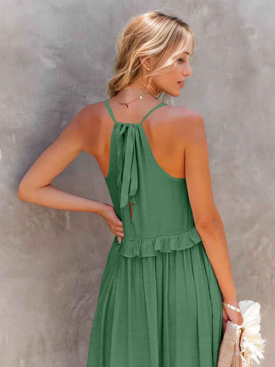 Smocked Tiered Ruffle Maxi Dress - Sleeveless with Pockets