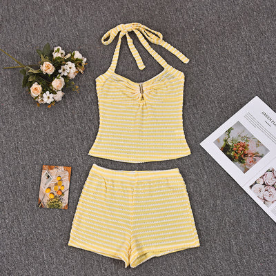 Halter Neck Mini Shorts Set - Decorative Crop Top Outfit