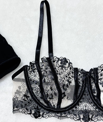 Floral Embroidery Mesh Lingerie Set - Sheer Patchwork - Fashions Envy