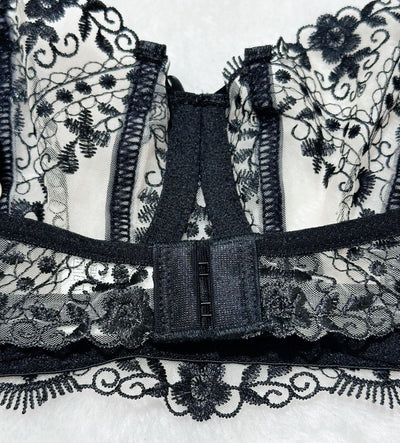 Floral Embroidery Mesh Lingerie Set - Sheer Patchwork - Fashions Envy
