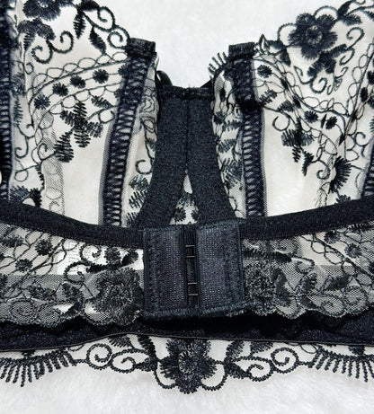 Floral Embroidery Mesh Lingerie Set - Sheer Patchwork - Fashions Envy