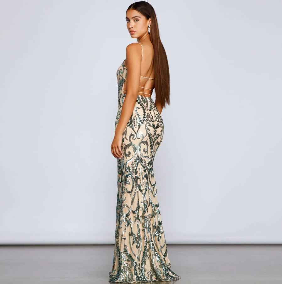 Green Sequin Maxi Dress - Emerald U-Neck Floor Length Gown
