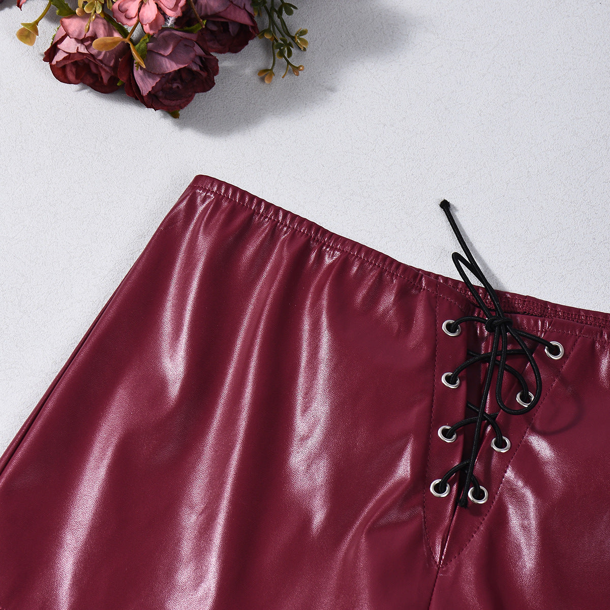 Leather Shorts - Burgundy Low Waist Strap Detail Party