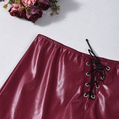 Leather Shorts - Burgundy Low Waist Strap Detail Party