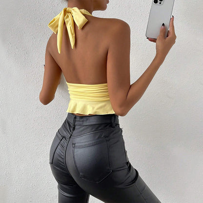 Halter Crop Top - Deep V-Neck Sleeveless Slim Fit
