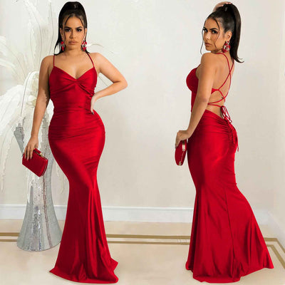 Spaghetti Strap Backless Maxi Dress - Tie Up Bodycon Satin
