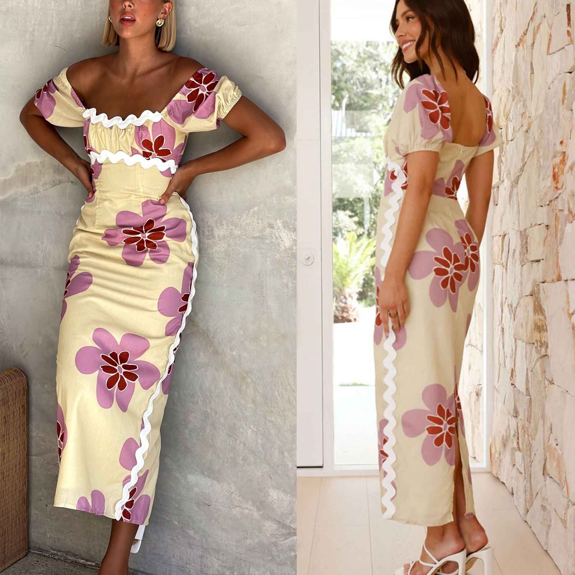 Floral Print Midi Dress - Short Sleeve Front Slit Style