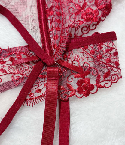 Floral Embroidery Mesh Lingerie Set - Sheer Patchwork - Fashions Envy