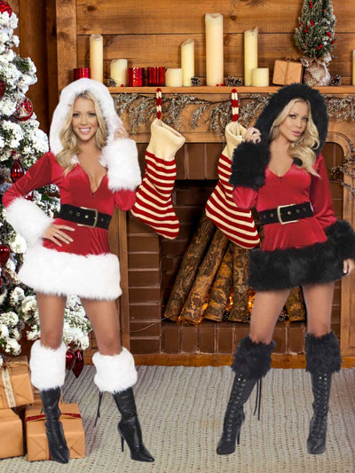 Christmas Fur Trim Hooded Dress - Holiday Cosplay Costume