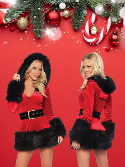 Christmas Fur Trim Hooded Dress - Holiday Cosplay Costume