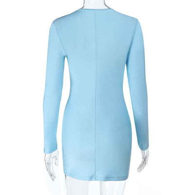 Deep V-neck Mini Dress - Hip Hugging Long Sleeve