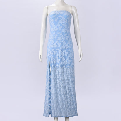 Strapless Backless Maxi Dress - Burnt Floral Blue - Fashions Envy