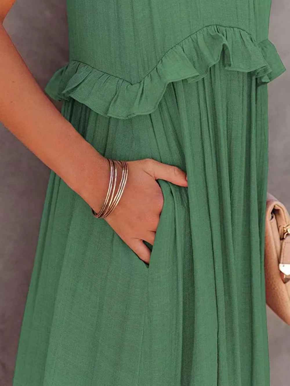 Smocked Tiered Ruffle Maxi Dress - Sleeveless with Pockets