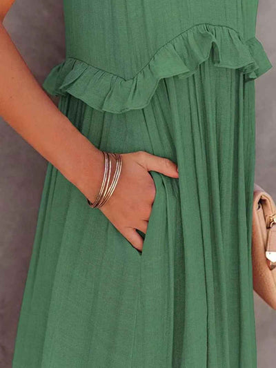 Smocked Tiered Ruffle Maxi Dress - Sleeveless with Pockets