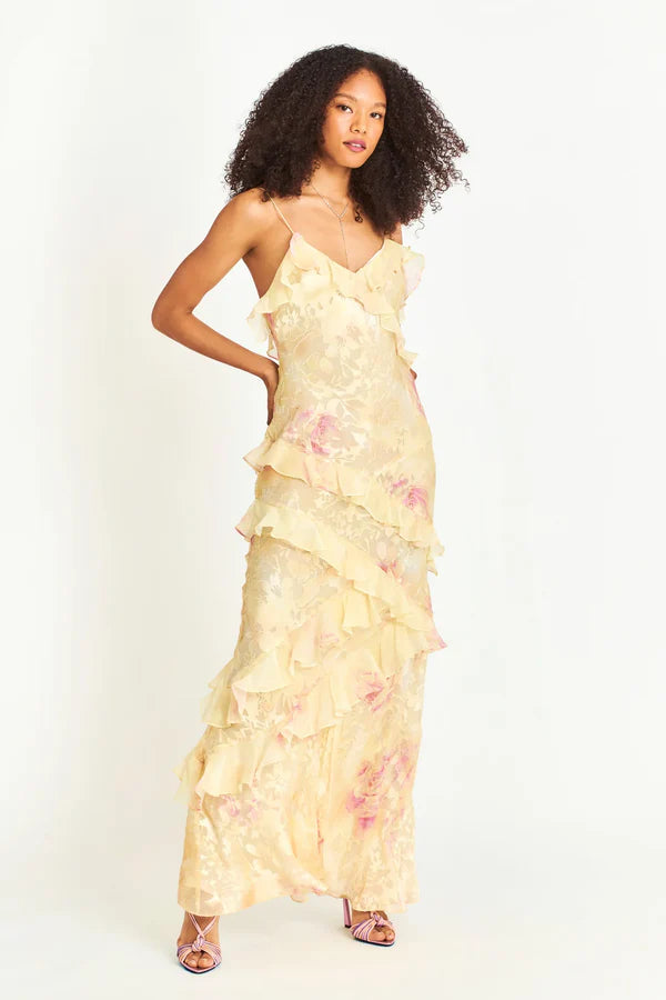 Floral Wavy Edge Skinny Halter Maxi Dress