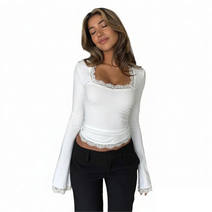 Lace Splicing Top - Square Neck Long Sleeve White