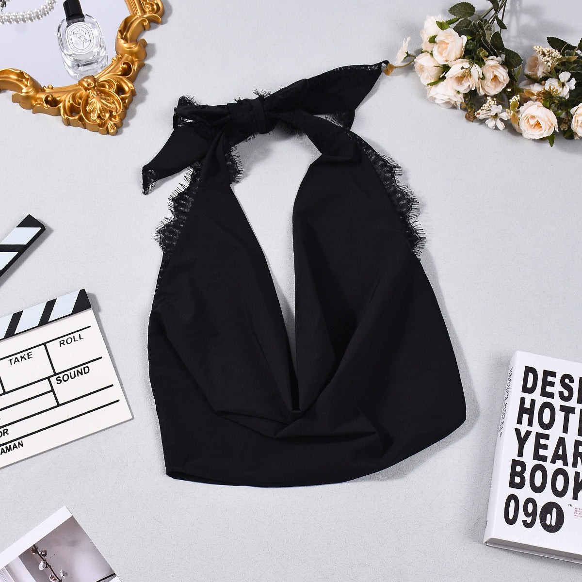 Backless Halter Crop Top - Deep V-Neck Black Style