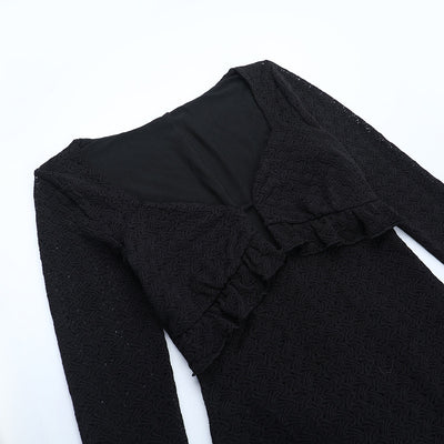 Ribbed Evening Gown - Long Sleeve V-Neck Bodycon Dress - Fashions Envy