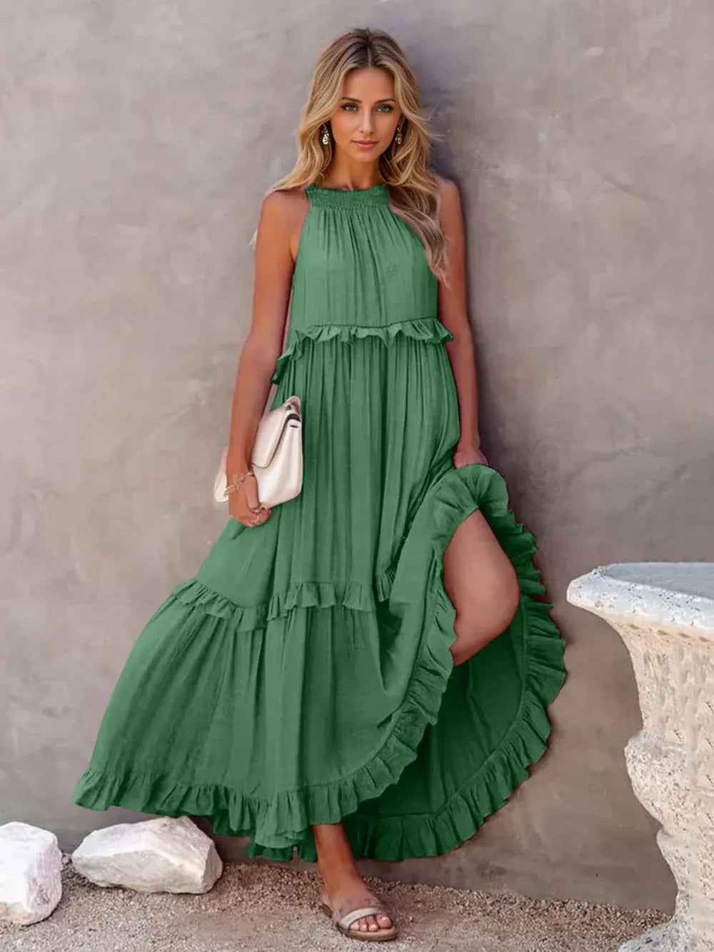Smocked Tiered Ruffle Maxi Dress - Sleeveless with Pockets