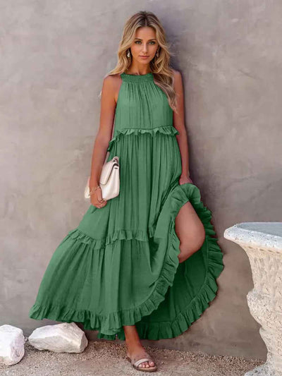 Smocked Tiered Ruffle Maxi Dress - Sleeveless with Pockets