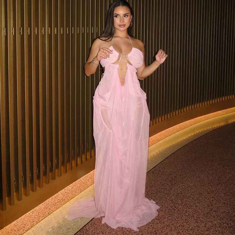 Summer New Vacation Fashion Sexy Mesh Sheer Low-Cut Halter Dress for Women