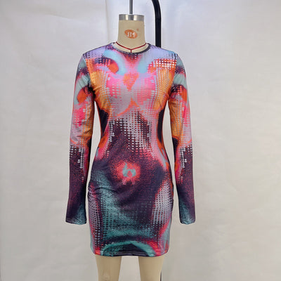 Printed Round Neck Bodycon Dress - Long Sleeve Mini