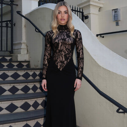 High Neck Lace Maxi Dress - Long Sleeve Black - Fashions Envy
