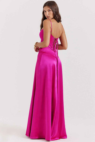 Corset Back Maxi Dress - Spaghetti Strap Slim Fit Camisole Gown