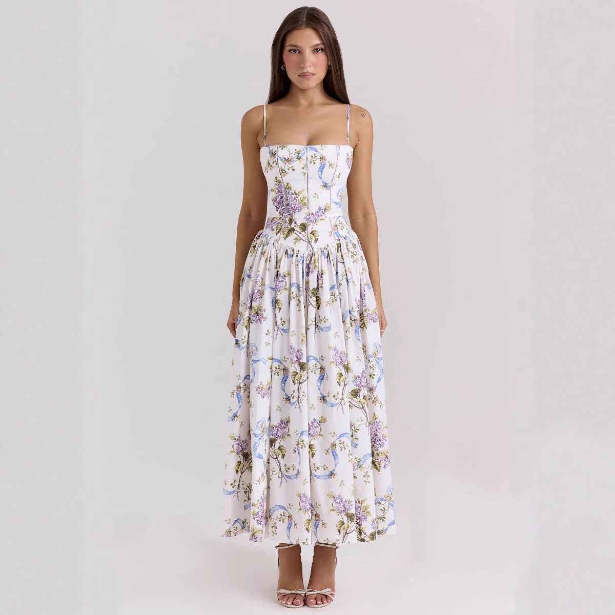 Floral Cami Maxi Dress - Cinched Waist A-Line Spaghetti Strap