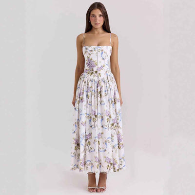 Floral Cami Maxi Dress - Cinched Waist A-Line Spaghetti Strap