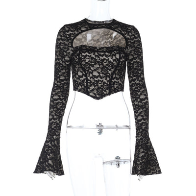 Off Shoulder Lace Top - Long Sleeve Hollow Waist - Fashions Envy