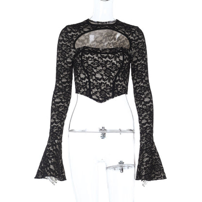 Off Shoulder Lace Top - Long Sleeve Hollow Waist - Fashions Envy