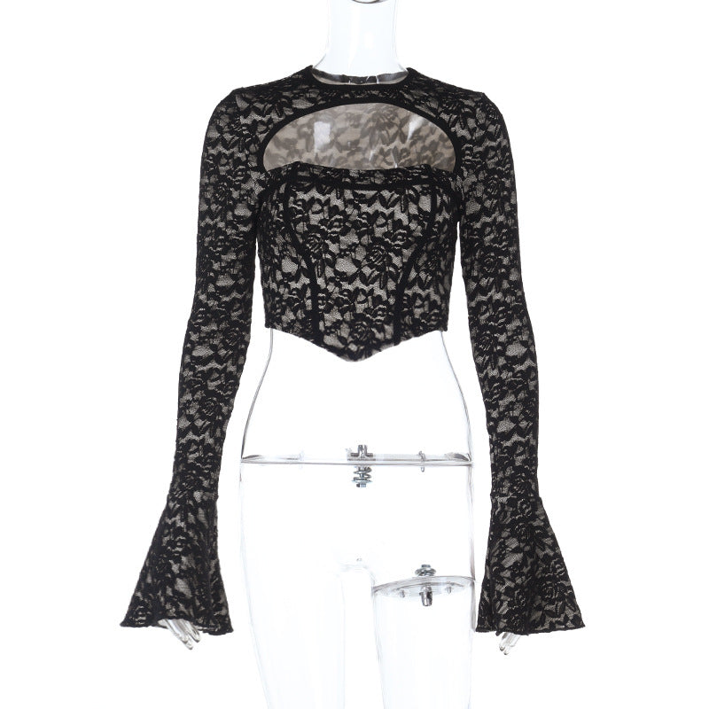 Off Shoulder Lace Top - Long Sleeve Hollow Waist - Fashions Envy
