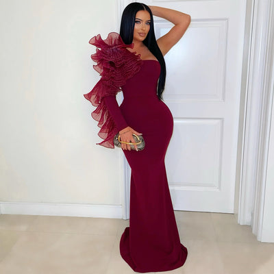 Single Ruffle Sleeve Fitted Dress - Elegant Fashion Gown