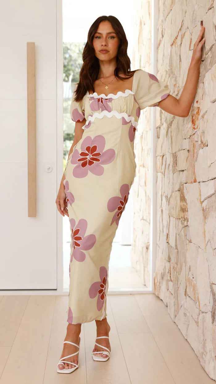 Floral Print Midi Dress - Short Sleeve Front Slit Style