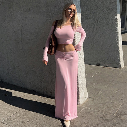 Two-Piece Skirt Set - One Shoulder Top Outfit